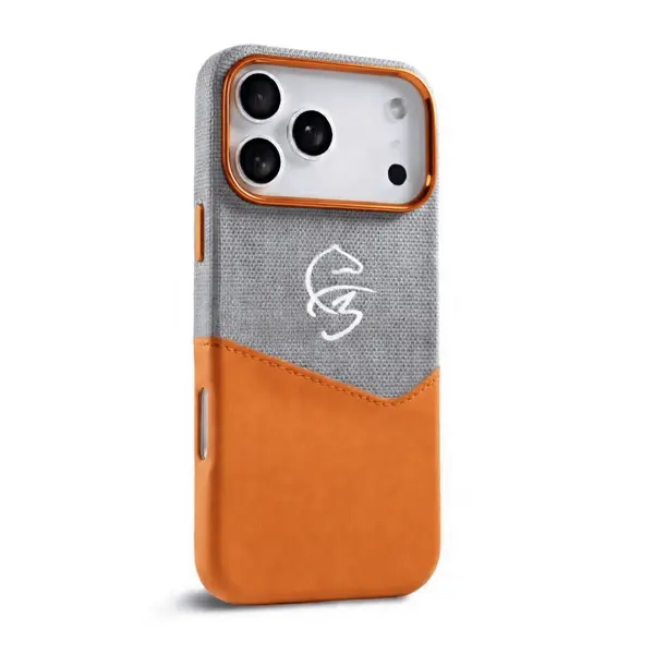 F3 iPhone 17 Pro Max Leather Case Durable Slim Hard Cover Grey Orange