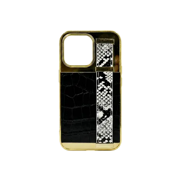 Gold Frame Croco Leather Back Grip Case iPhone 13 Pro Black