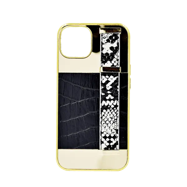 Gold Frame Croco Leather Back Grip Case iPhone 14 Black