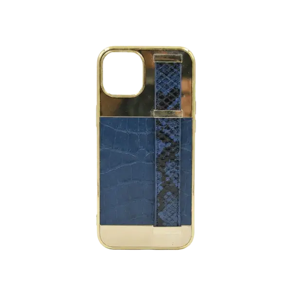 Gold Frame Croco Leather Back Grip Case iPhone 14 Blue