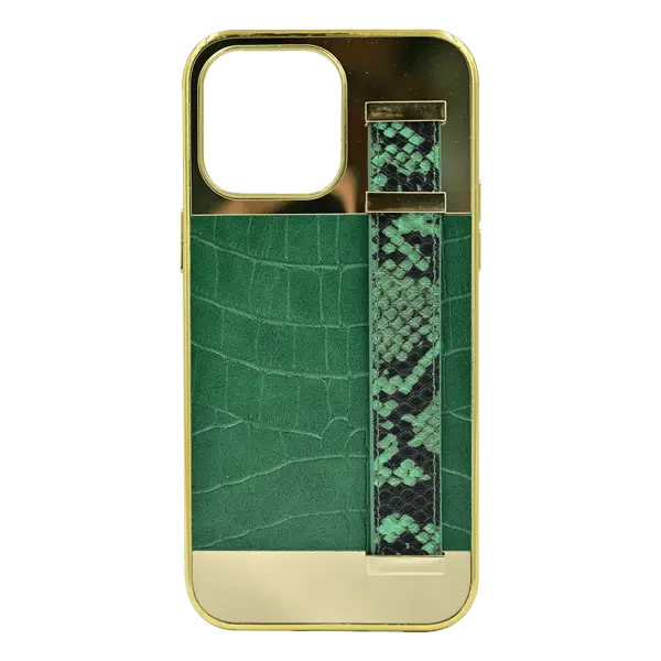 Gold Frame Croco Leather Back Grip Case iPhone 14 Pro Max Green