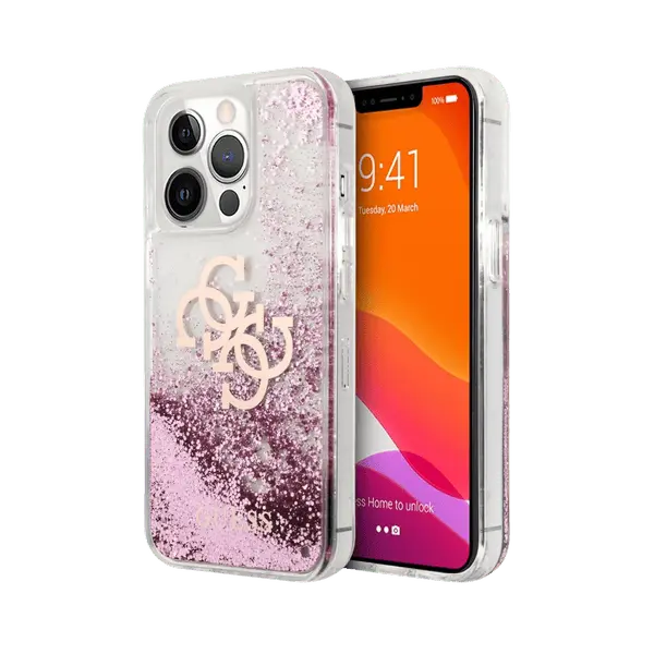 Guess Liquid Glitter Case 4G Electroplated Logo For iPhone 13 Pro Pink