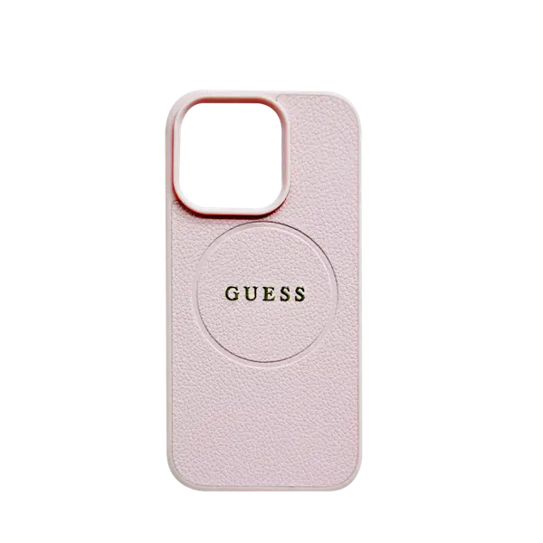 Guess MagSafe Pu Grained Hard Case With Gold Ring For iPhone 16 Pro Pink
