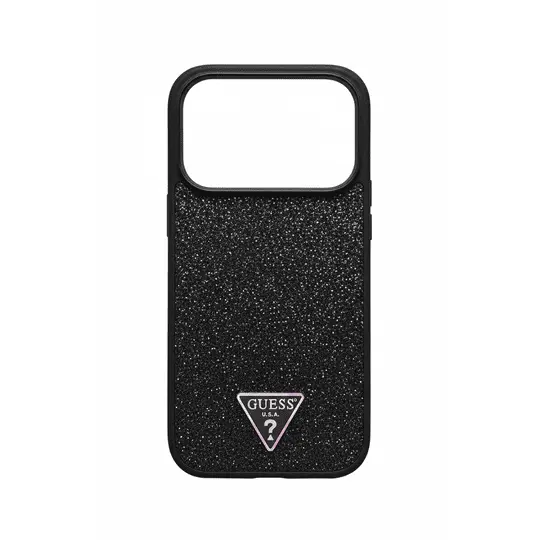Guess MagSafe Pu Leather Fixed Glitter Case With Triangle Logo For iPhone 17 Pro Black