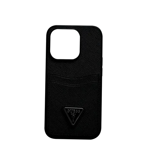 Guess Saffiano Case With Double Card Slot Triangle Logo iPhone 15 Pro Black