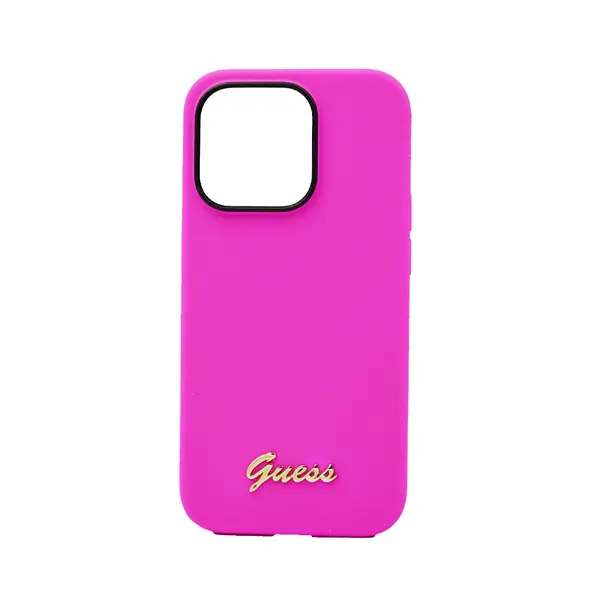 Guess Silicone PC Camera Script Logo Hard Case For iPhone 14 Pro Fuschia