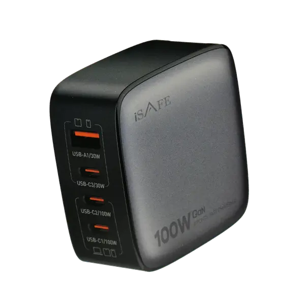 iSAFE 100W Gan Home Charger Q408 With Replacable Plug And Type C To Type C Cable Black