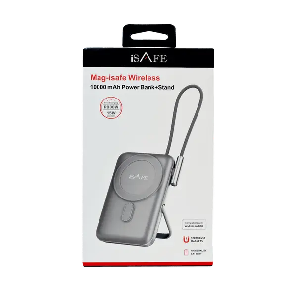 iSAFE 15W Wirless MagSafe Powerbank With Cable+stand PD30W 10000MAH Black