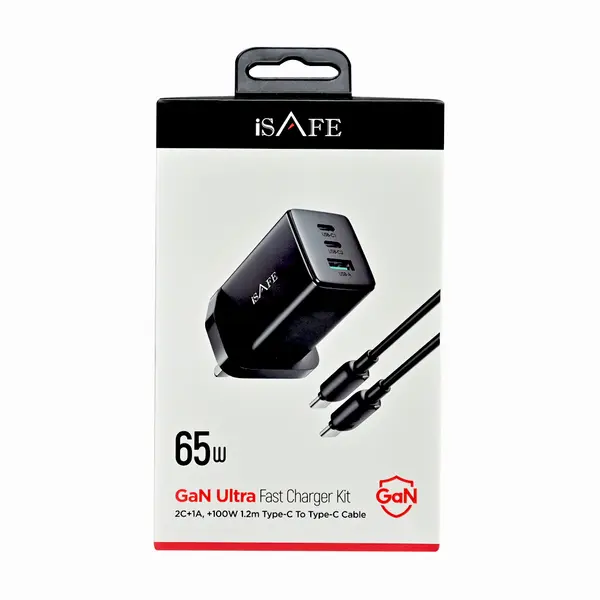 iSAFE 65W Gan Ultra Fast Charger Type C C Cable Black