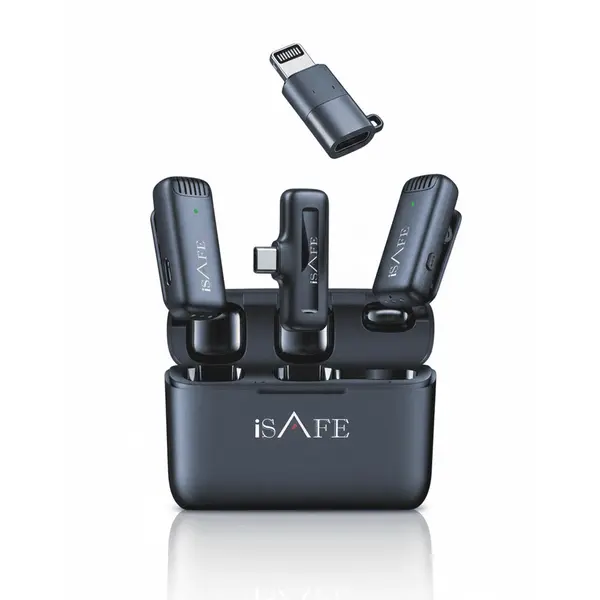 iSAFE Duo Cast 2 In 1 Wireless Microphone Dual Mic System For iPhone Android Noise Reduction Plug Play Black
