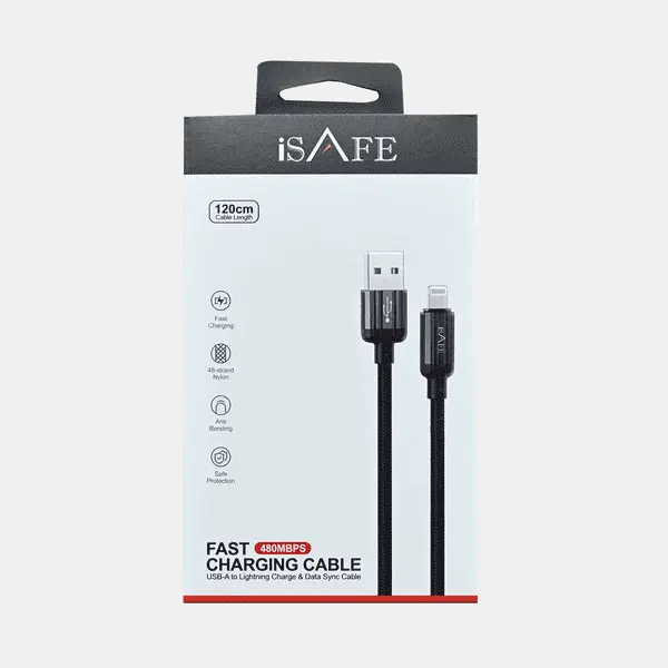 iSAFE Woven Nylon Braided Cable USB To Lightning Black
