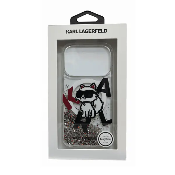Karl Lagerfeld MagSafe Liquid Glitter Case With Scattered Choupette Logo For Ipho Ne 17 Pro White