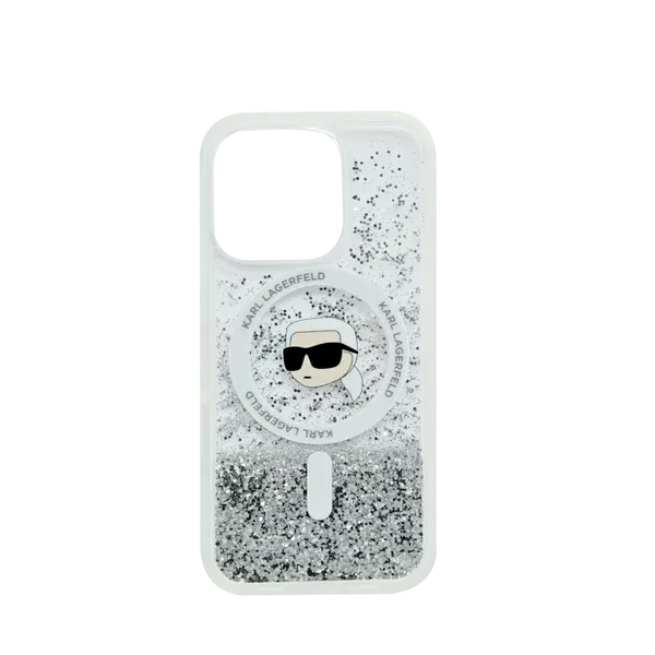 Karl Lagerfeld MagSafe Liquid Glitter Hard Case With Karl Head For iPhone 16 Pro Clear