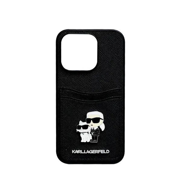 Karl Lagerfeld Saffiano Case With Cardslot And Karl Lagerfeld Choupette Heads Metal Pin iPhone 15 Pro Black