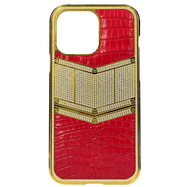 Vip Touch iPhone 14 Pro Max 24KT Cherry Glossy Crocodile Leather Crystal Edition W Crystal Frame Vip Badge On Plate